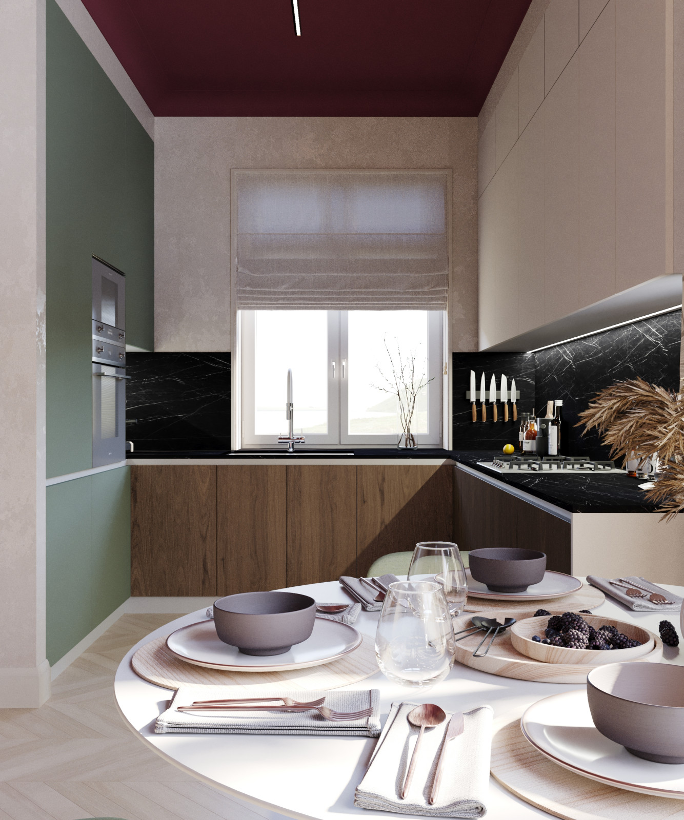 Смелая кухня-гостиная в стиле неоклассика