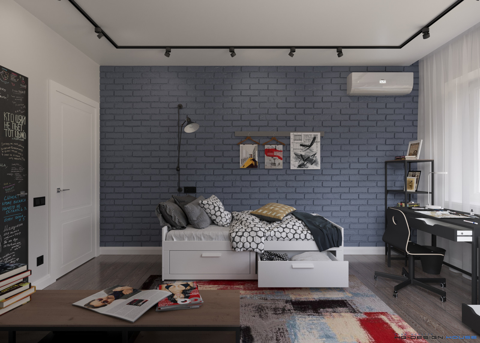 Спальня для подростка-мальчика с мебелью из IKEA в двухэтажном коттедже
