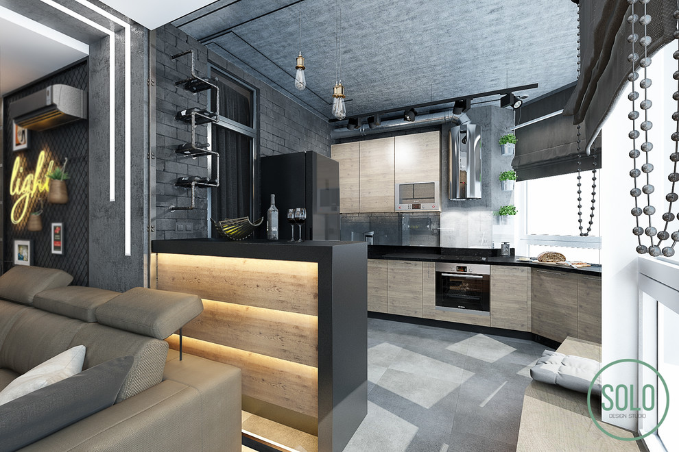 Modern Interior with loft elements for young couple