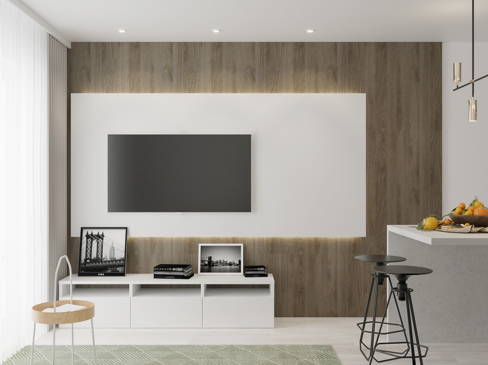 Дизайн интерьера маленькой кухни с барной стойкой, диваном и ТV зоной.