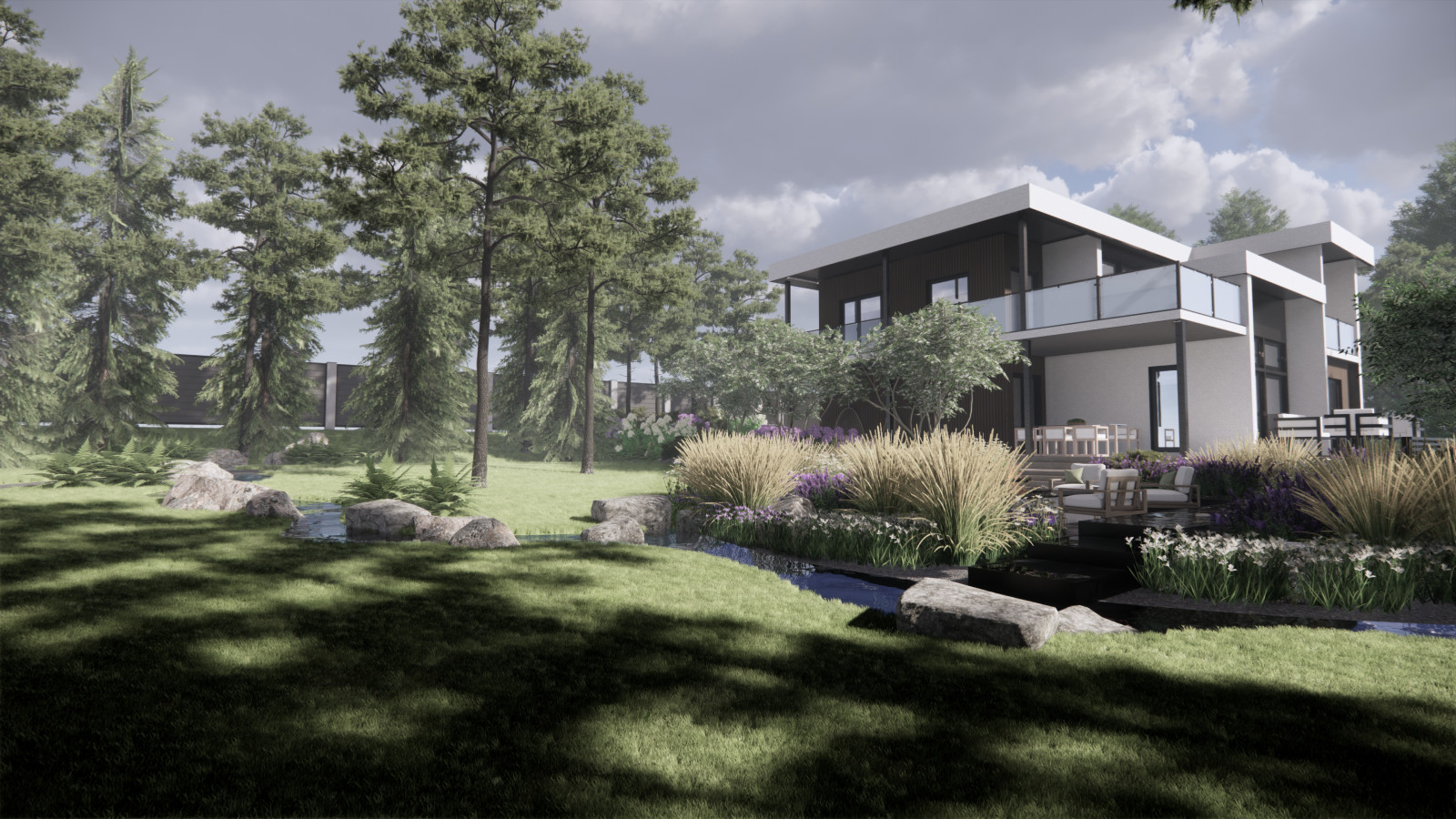 Вид на зону с очагом, дом и ручей