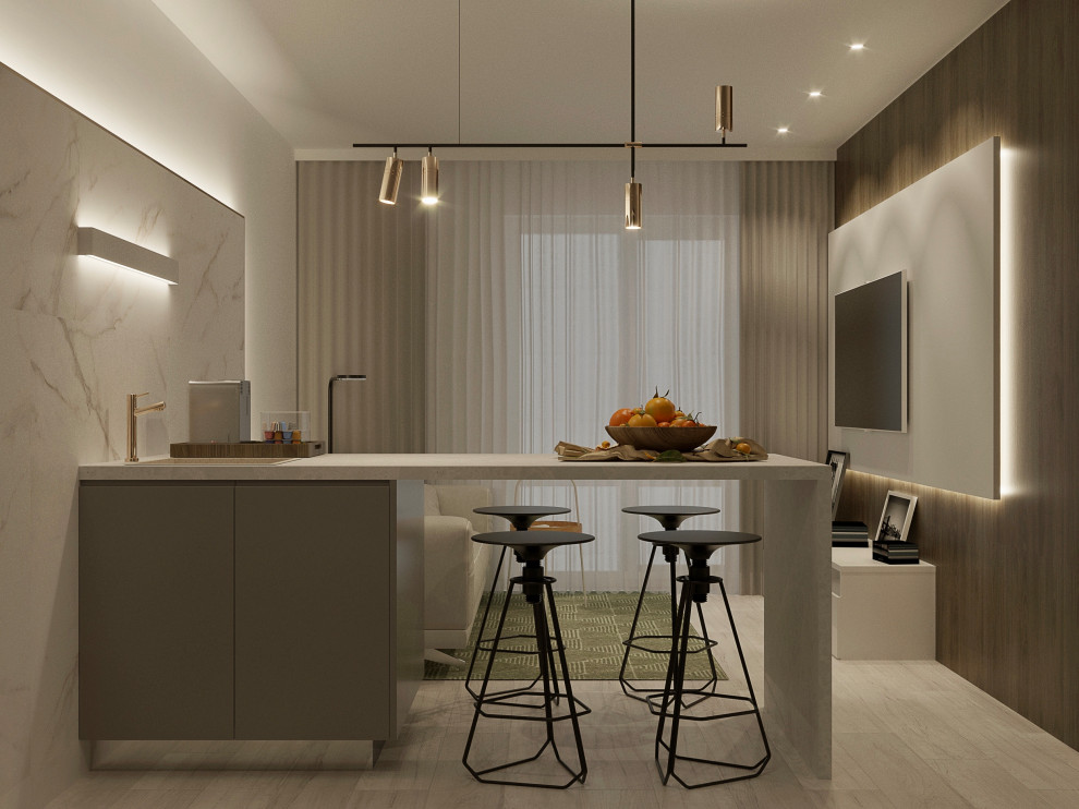 Дизайн интерьера маленькой кухни с барной стойкой, диваном и ТV зоной.