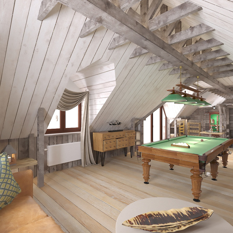 Зоны отдыха. Мансардный этаж бани-зона отдыха и развлечений в стиле Шале.