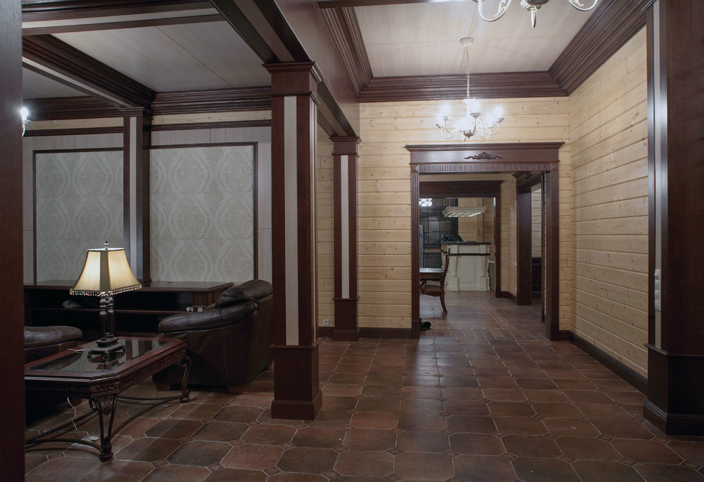 Кессонные потолки, стеновые панели, двери и кухня в деревянном доме