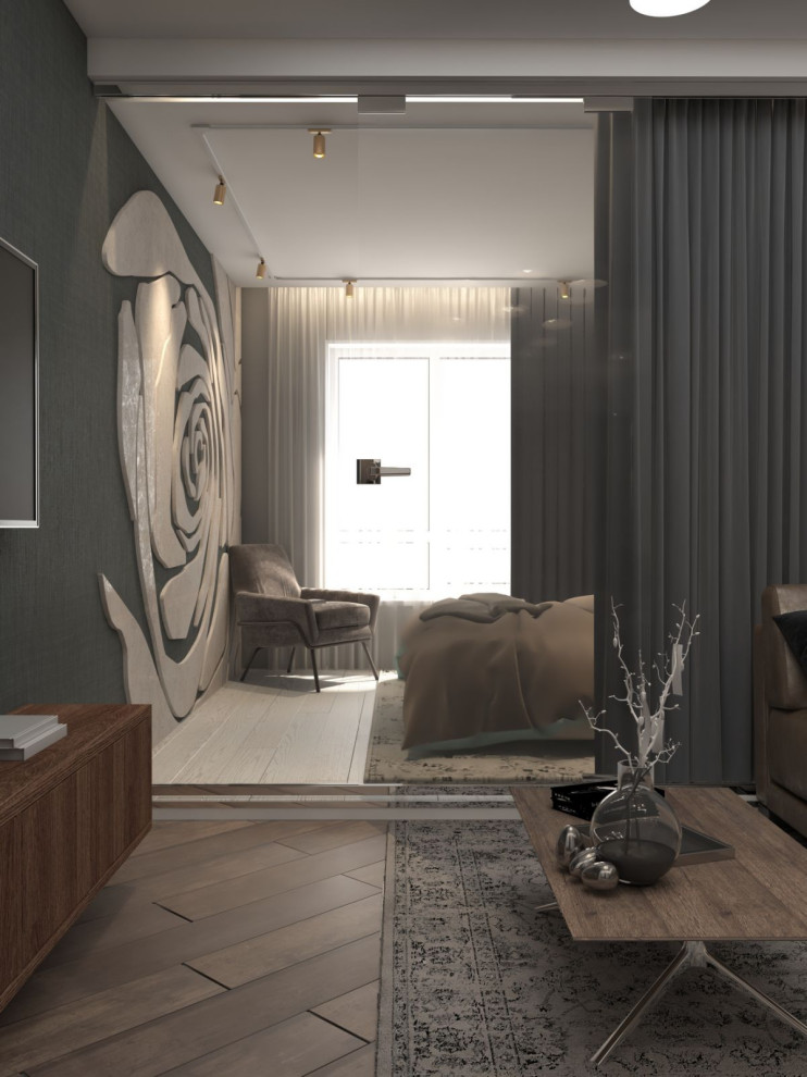 Двухкомнатная квартира со стеклом между гостиной и спальней