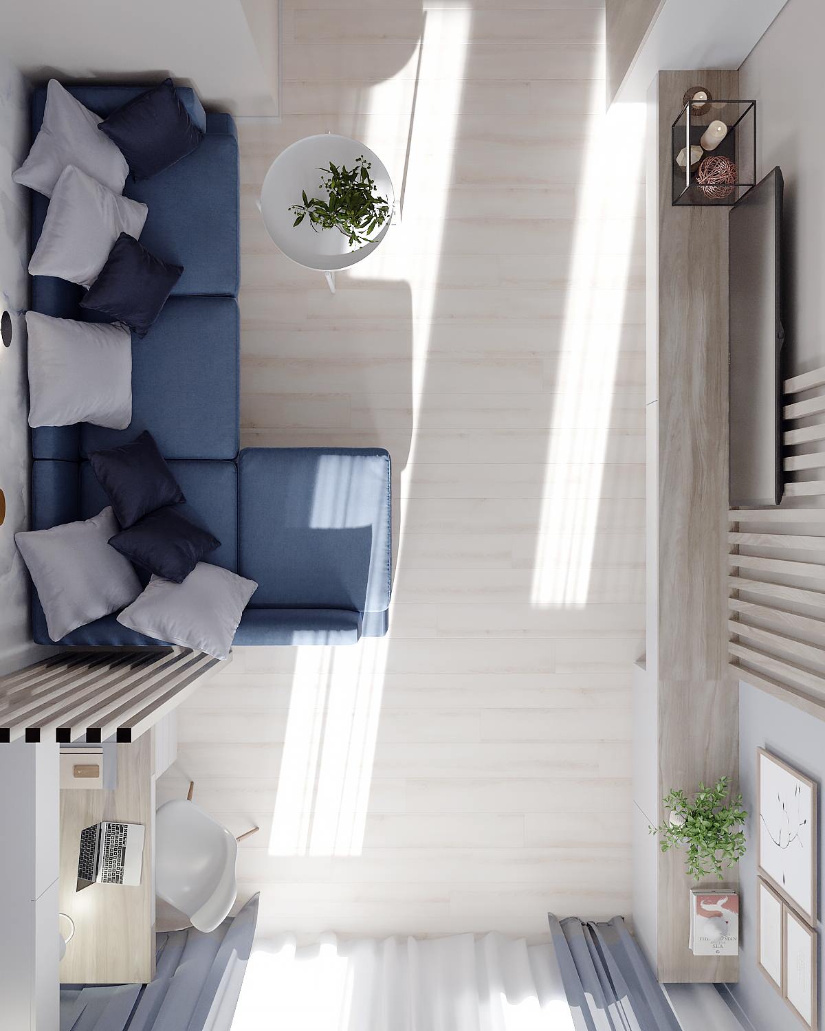 Уютная и светлая гостиная с рабочим местом