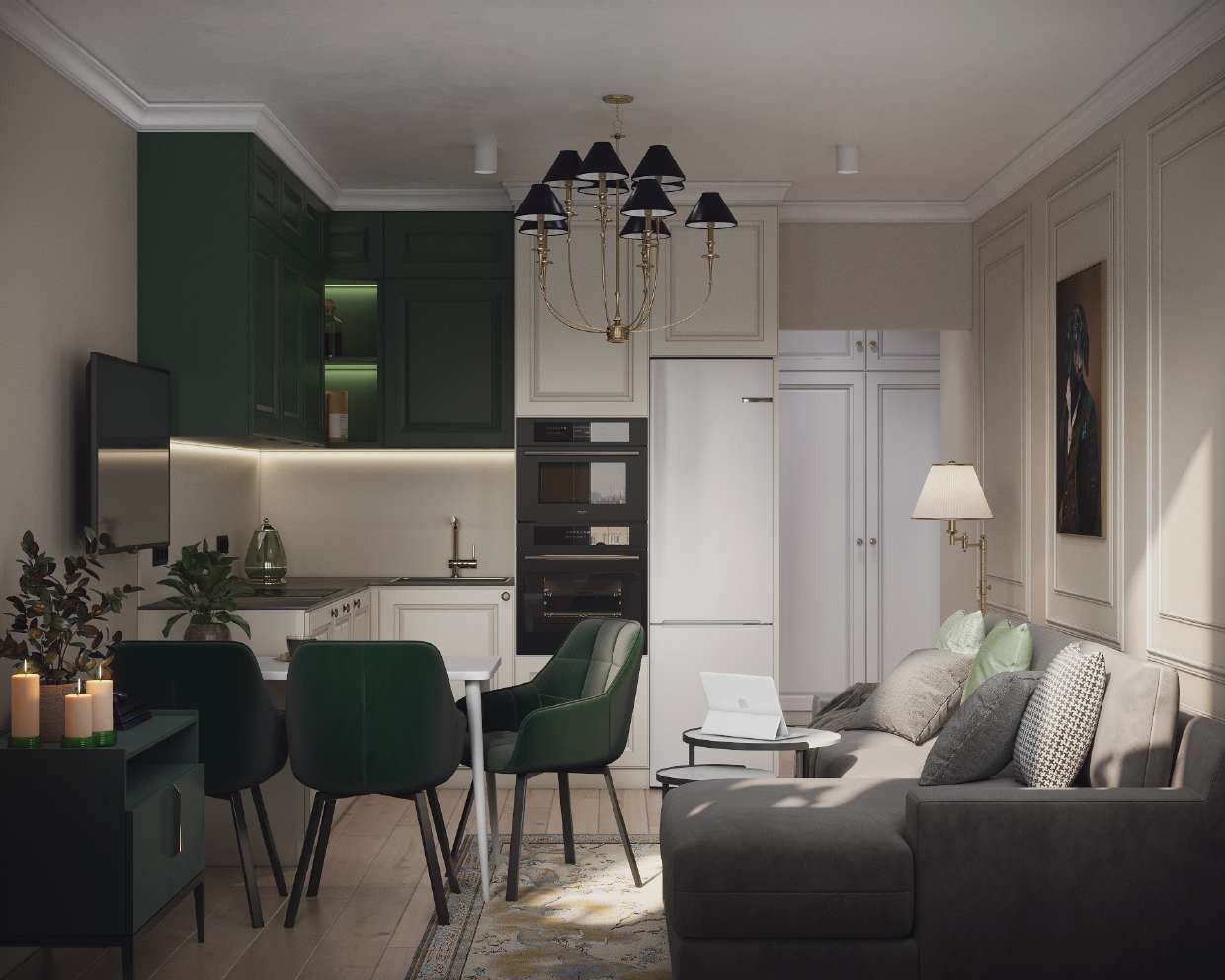 интерьер в стиле неоклассика с элементами минимализма.