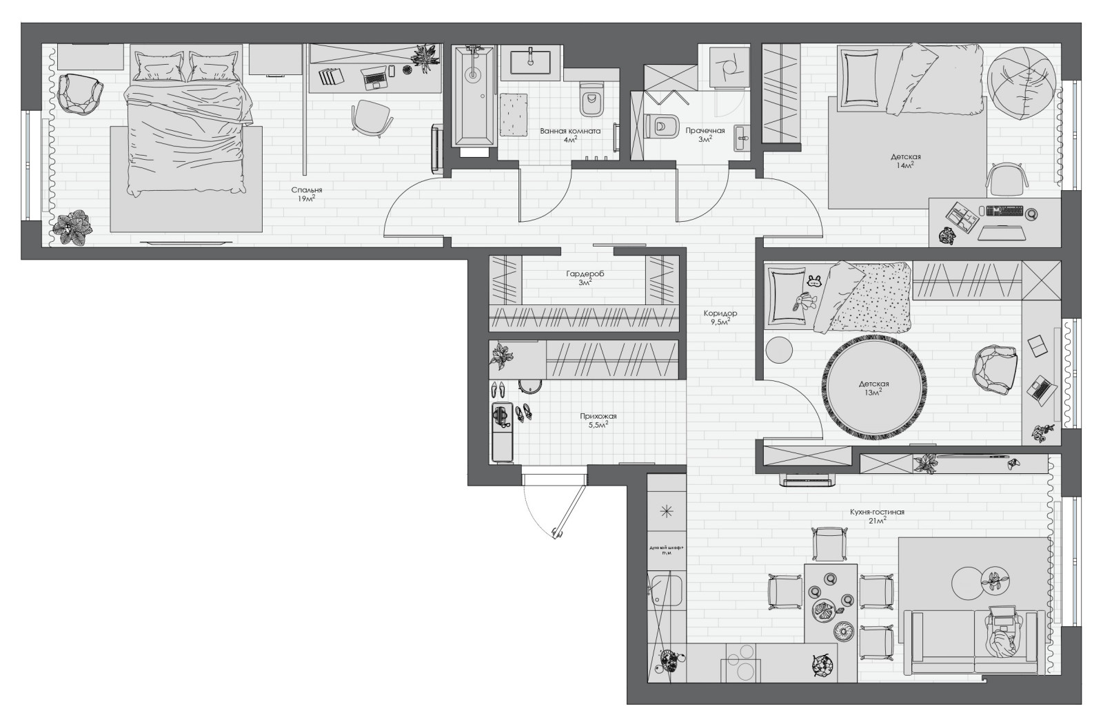 Трёхкомнатная квартира для семьи с двумя детьми в ЖК Академика Павлова