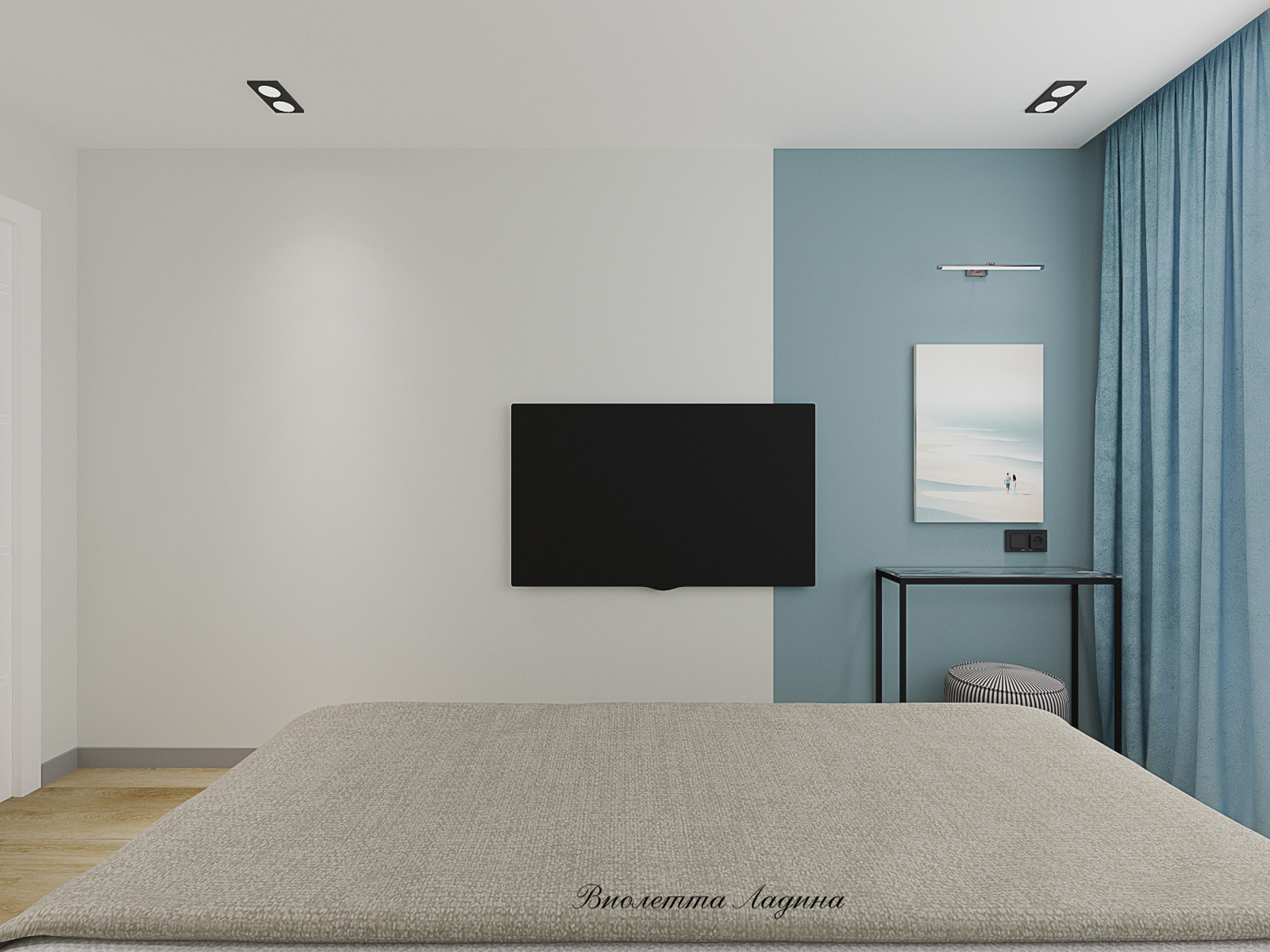 Трешка в панельном доме в современном стиле с голубым акцентом.