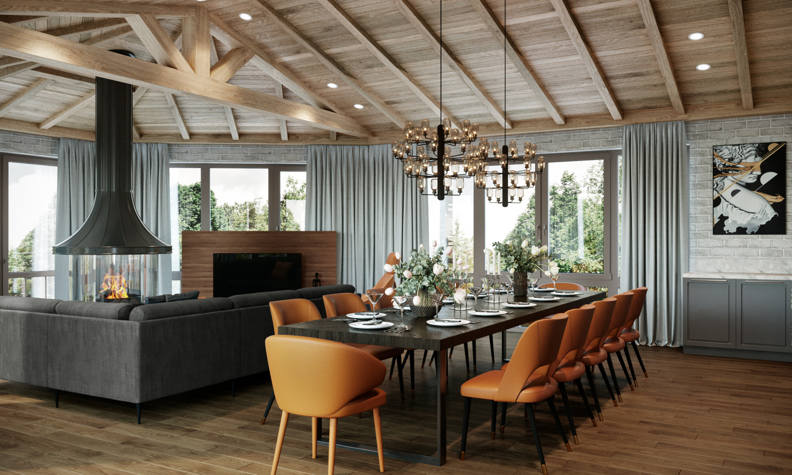 Терраса с островным камином