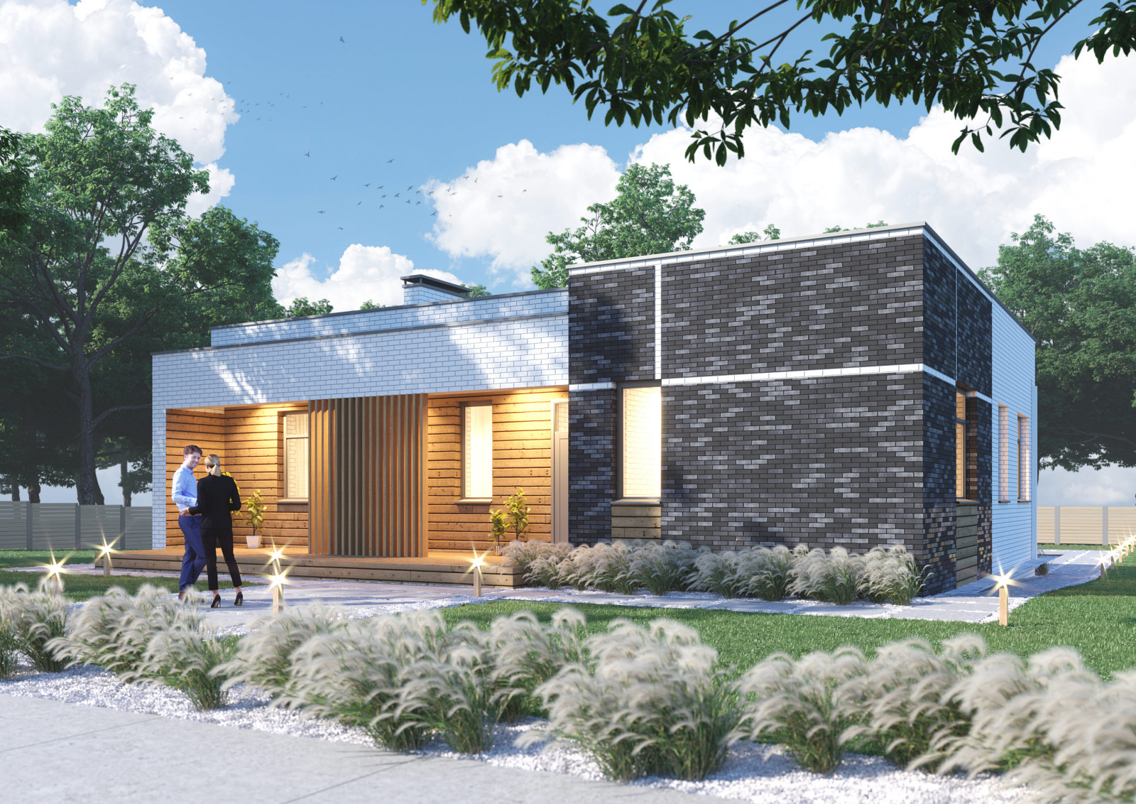 Проект 1-этажного 4-комнатного жилого дома с плоской крышей (флэтхаус)