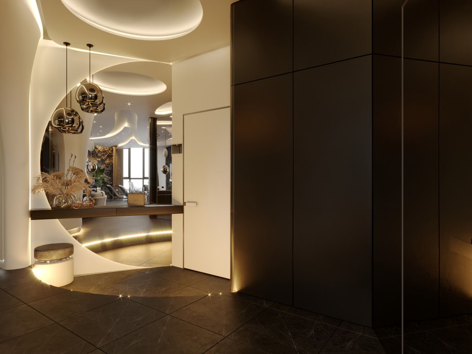 Роскошная гостиная в эклектике с элементами хайтека и минимализма, ЖК "Мегаполи"