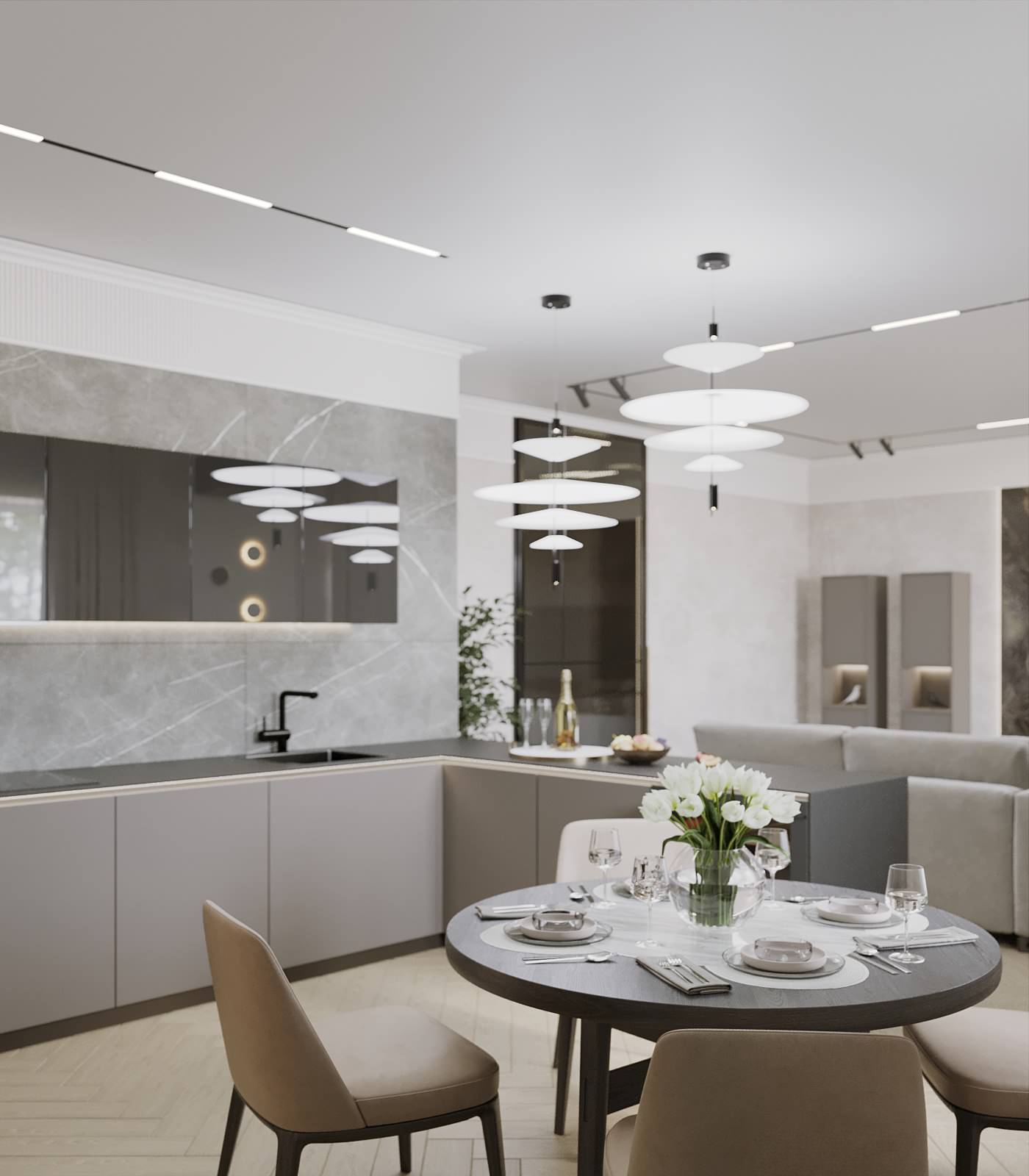 Кухня-гостиная в оттенках серого