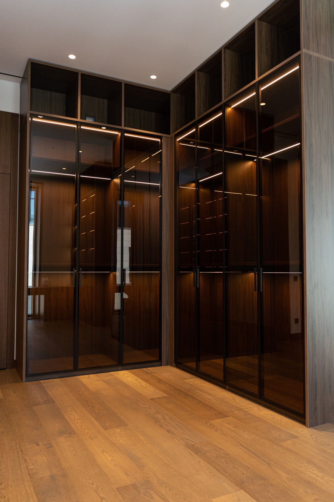 Гардеробная комната с распашными стеклянными RPE фасадами