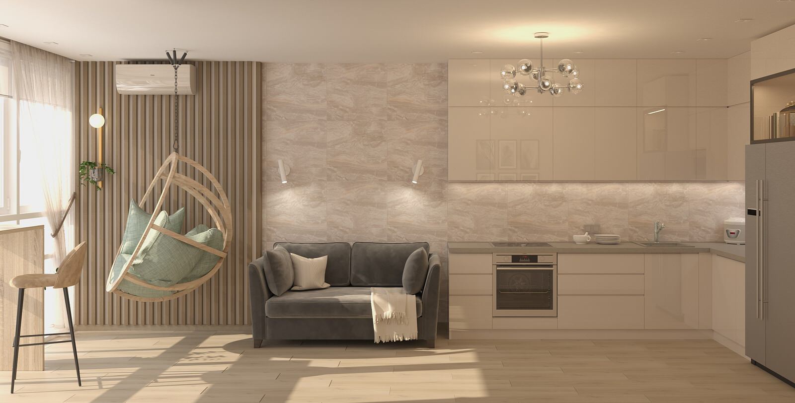 Интерьер в экостиле с подвесным креслом