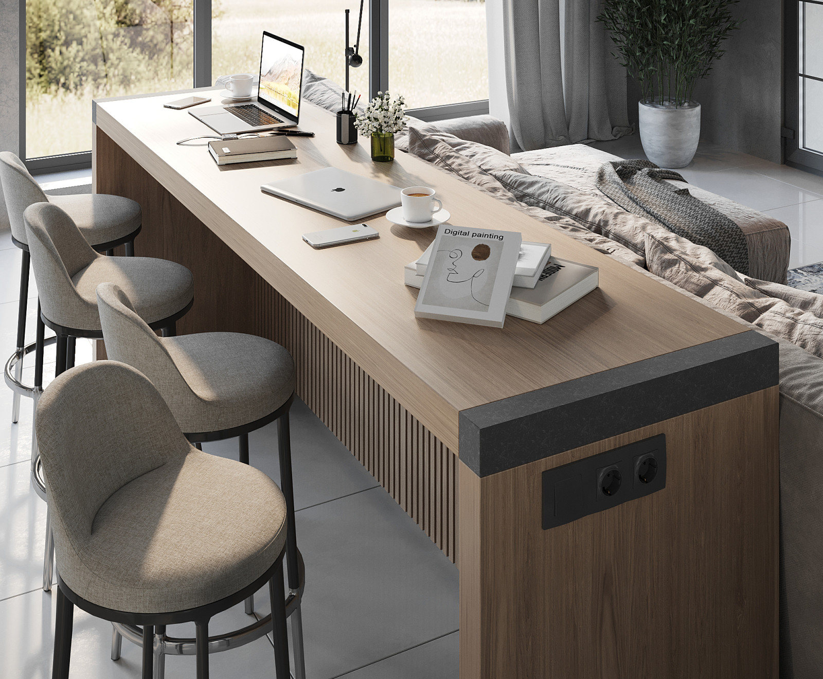 Вид на барную стойку, которая может использоваться как рабочее место.