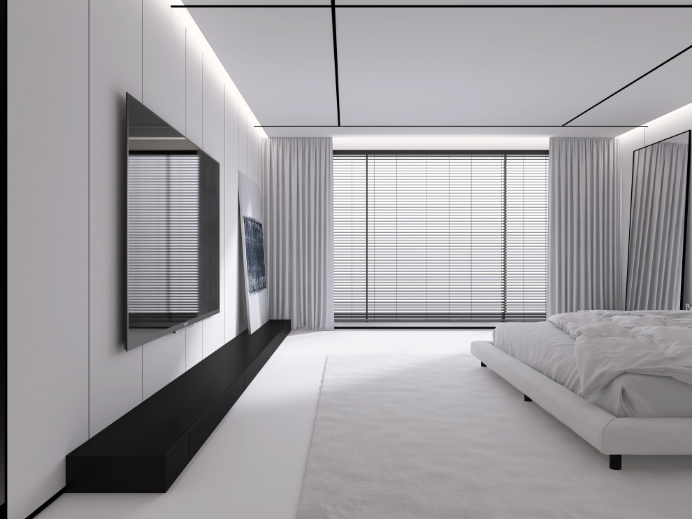 Белая спальня в стиле минимализм.  Основная чертами этой спальни это большая гар