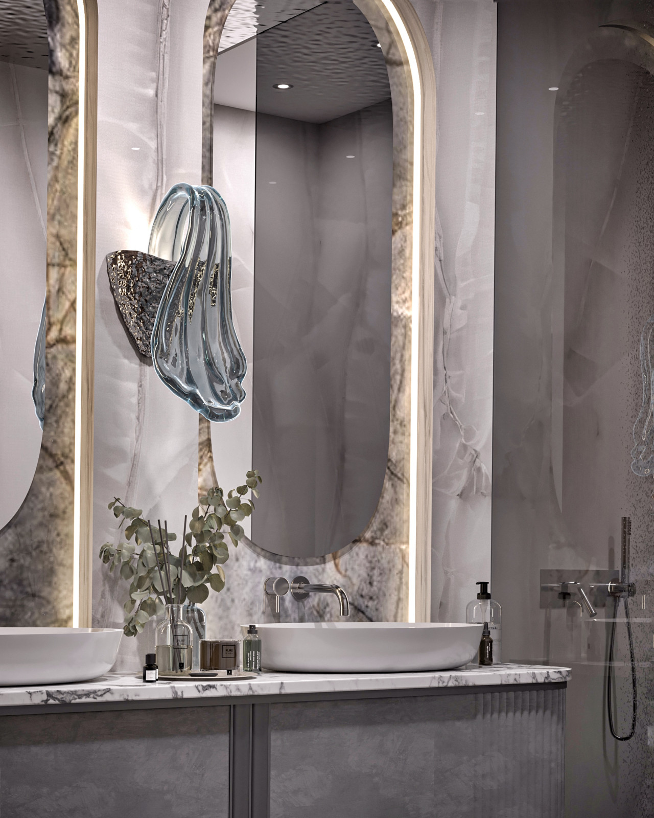 Раковина с тумбой и бра