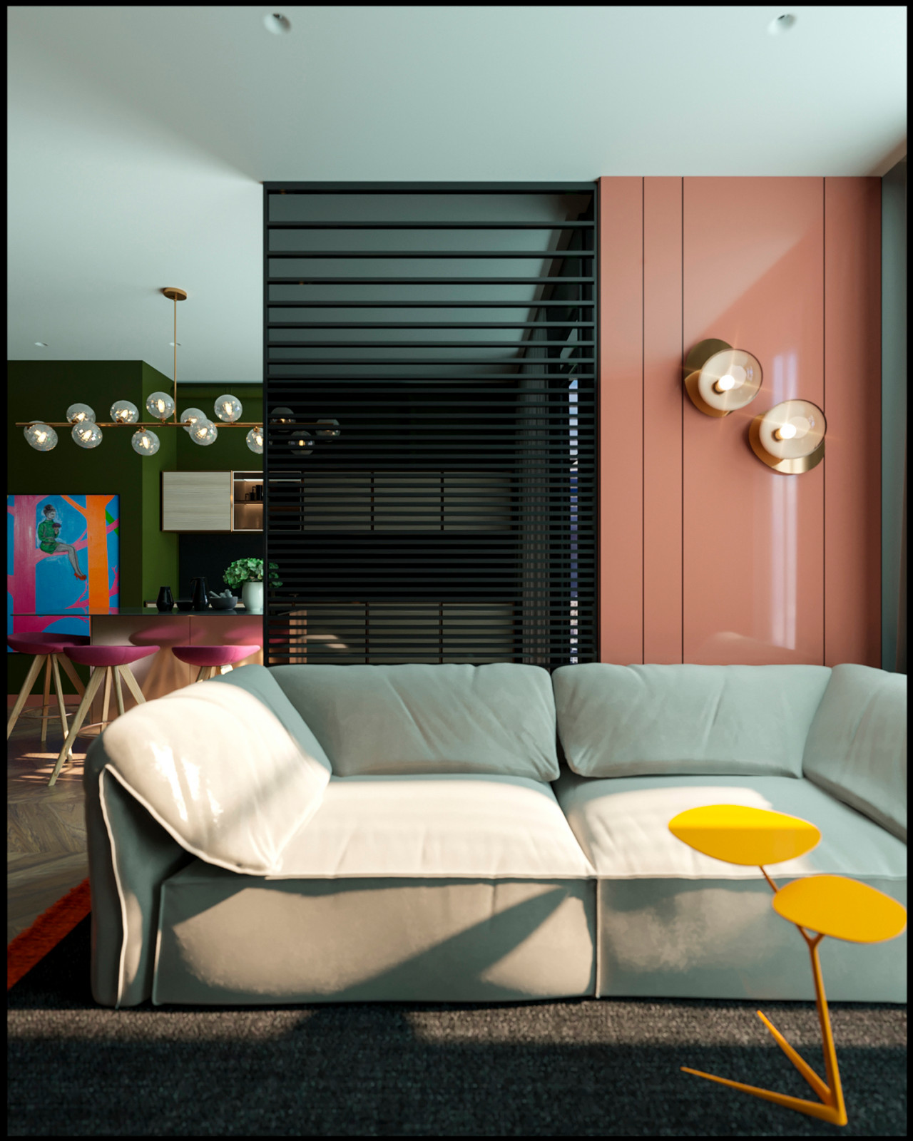 Дизайн гостиной в ярких тонах в ЖК "ЗИЛАРТ"