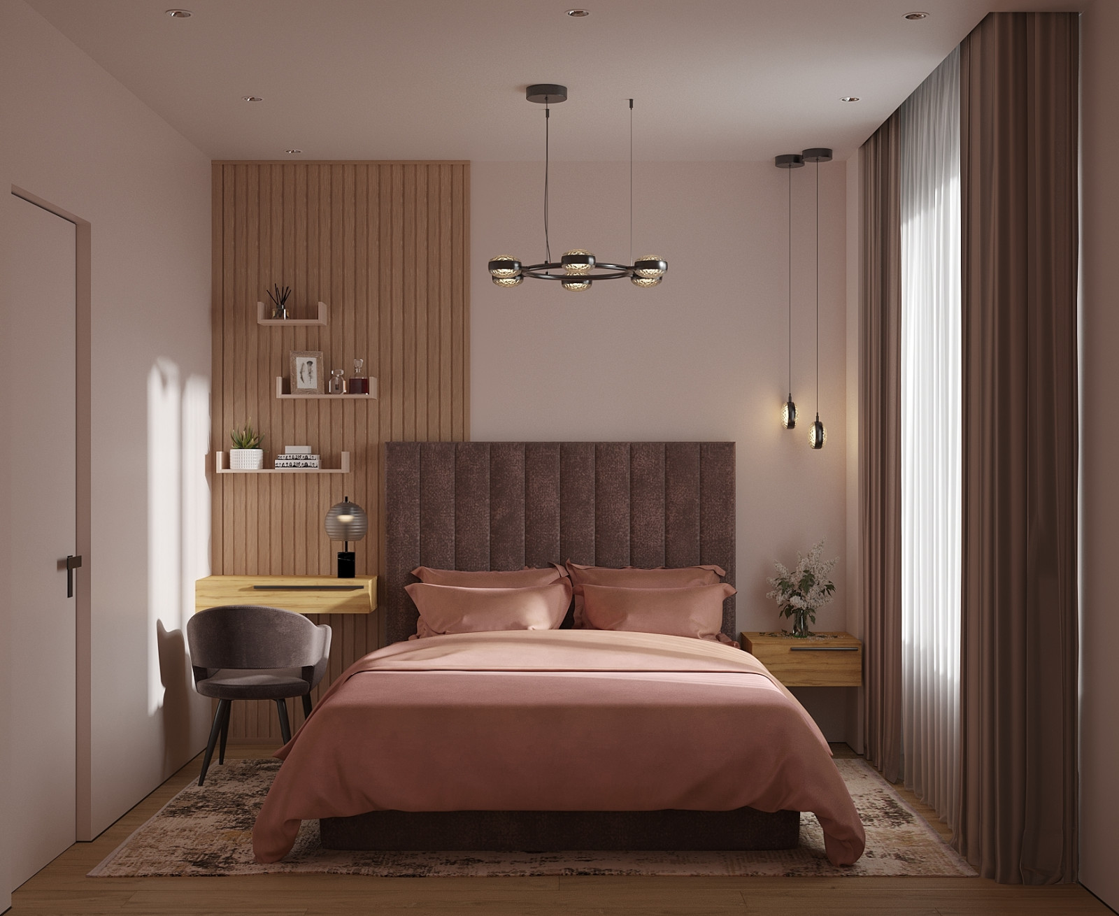 Обложка проекта: Спальня с дневным и вечерним сценариями освещения