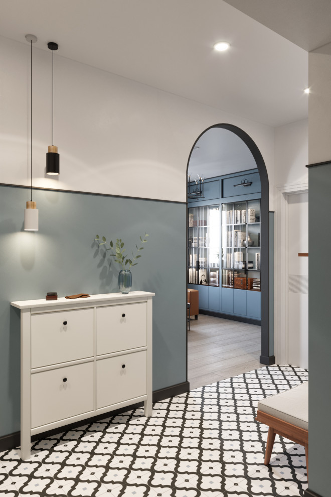 Дизайн квартиры в современном стиле. Цветные акценты и библиотека в 90 м. кв.