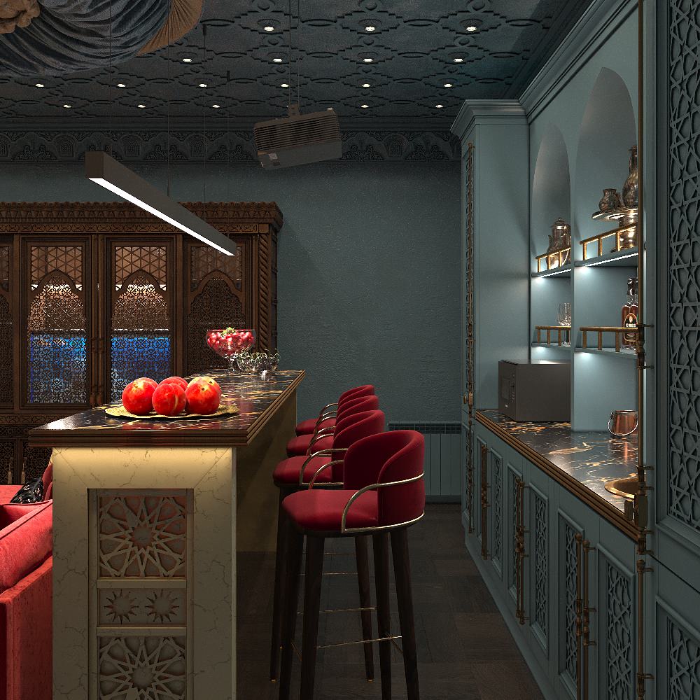 Интерьер кинозала в цокольном этаже загородного дома в Восточном стиле