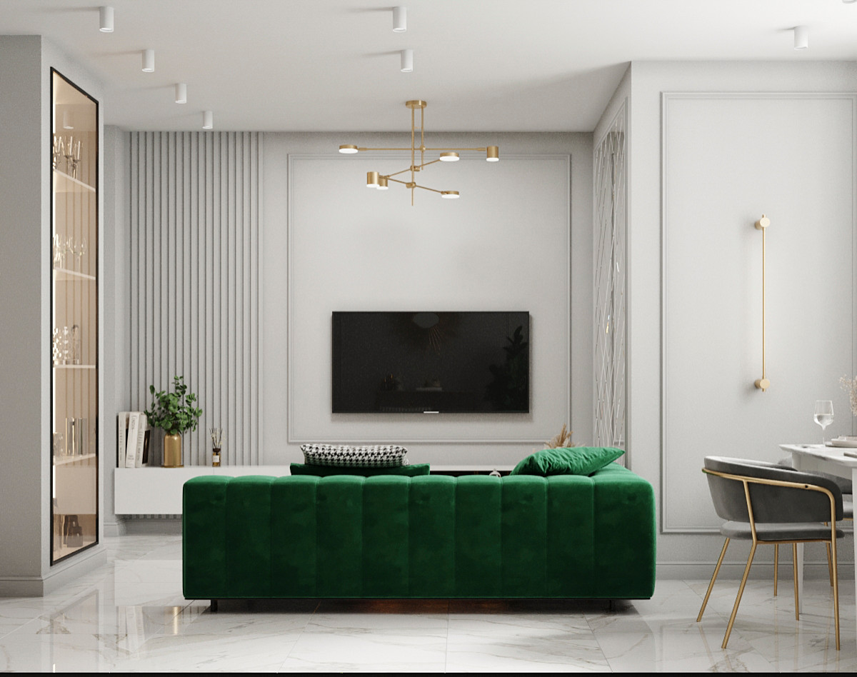 Квартира с гостиной с элементами ар-деко в современной интерпретации