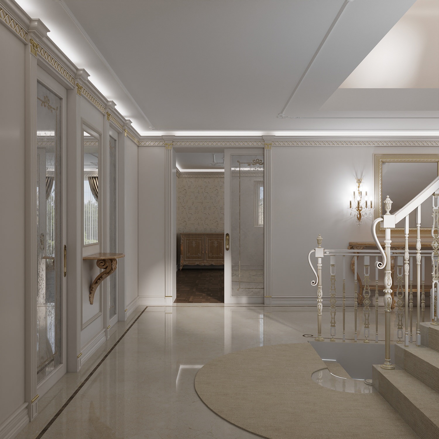 Интерьер лестничного холла в проекте виллы