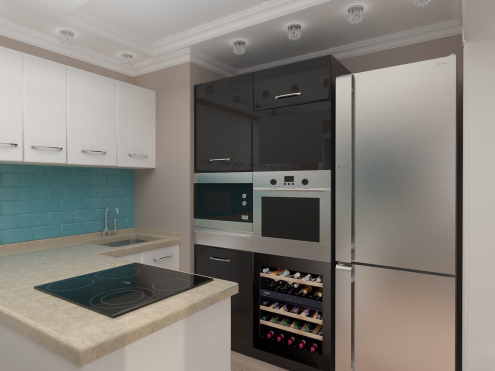 Кухня гостиная с бирюзовыми обоями