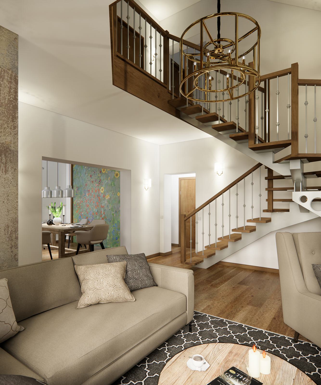 Дом в немецком стиле: кухня и гостиная с камином и лестницей