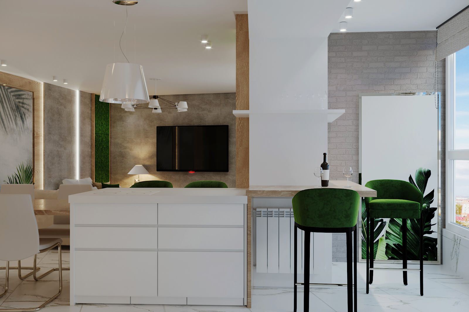 Светлые,минималистичные с сочными зелеными акцентами интерьеры