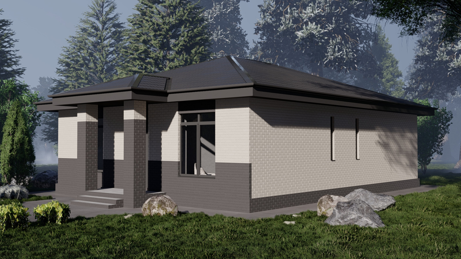 Одноэтажный дом с двумя спальнями, кабинетом и кухней-столовой (107 м2)