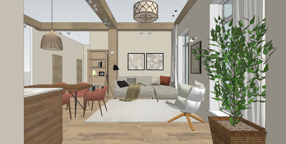 Деревянные балки в современной кухне-гостиной