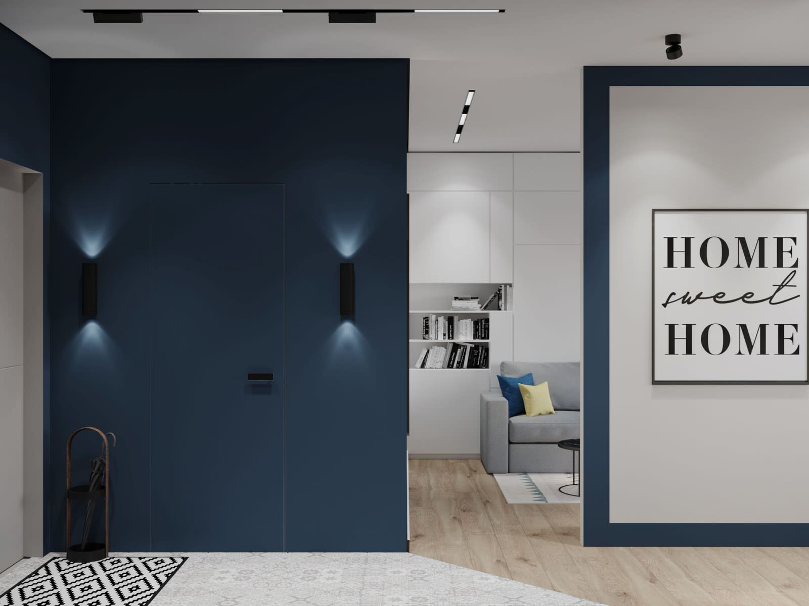 Холл+гардеробная с синими акцентами