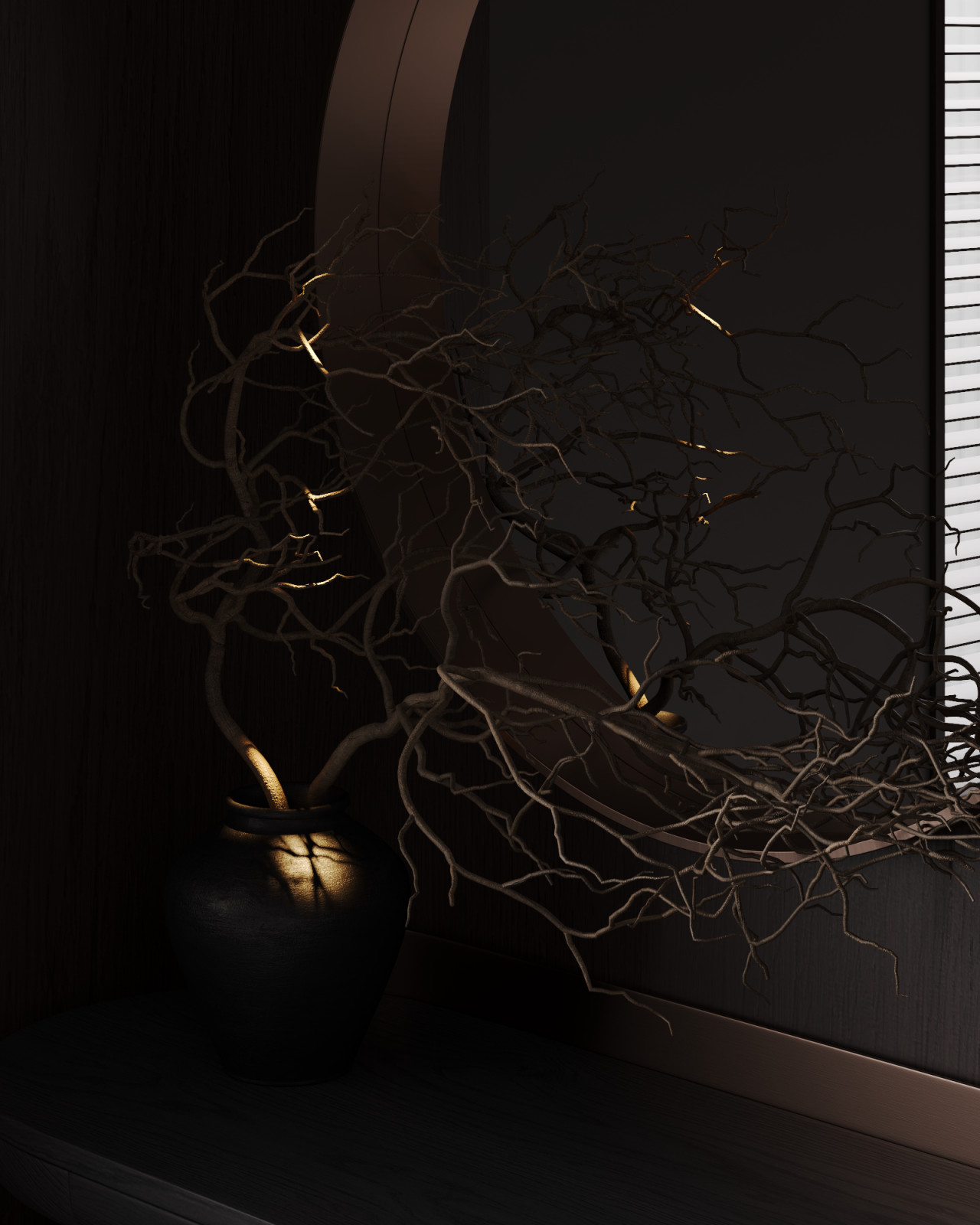 Визуализация интерьера спальни в темных тонах