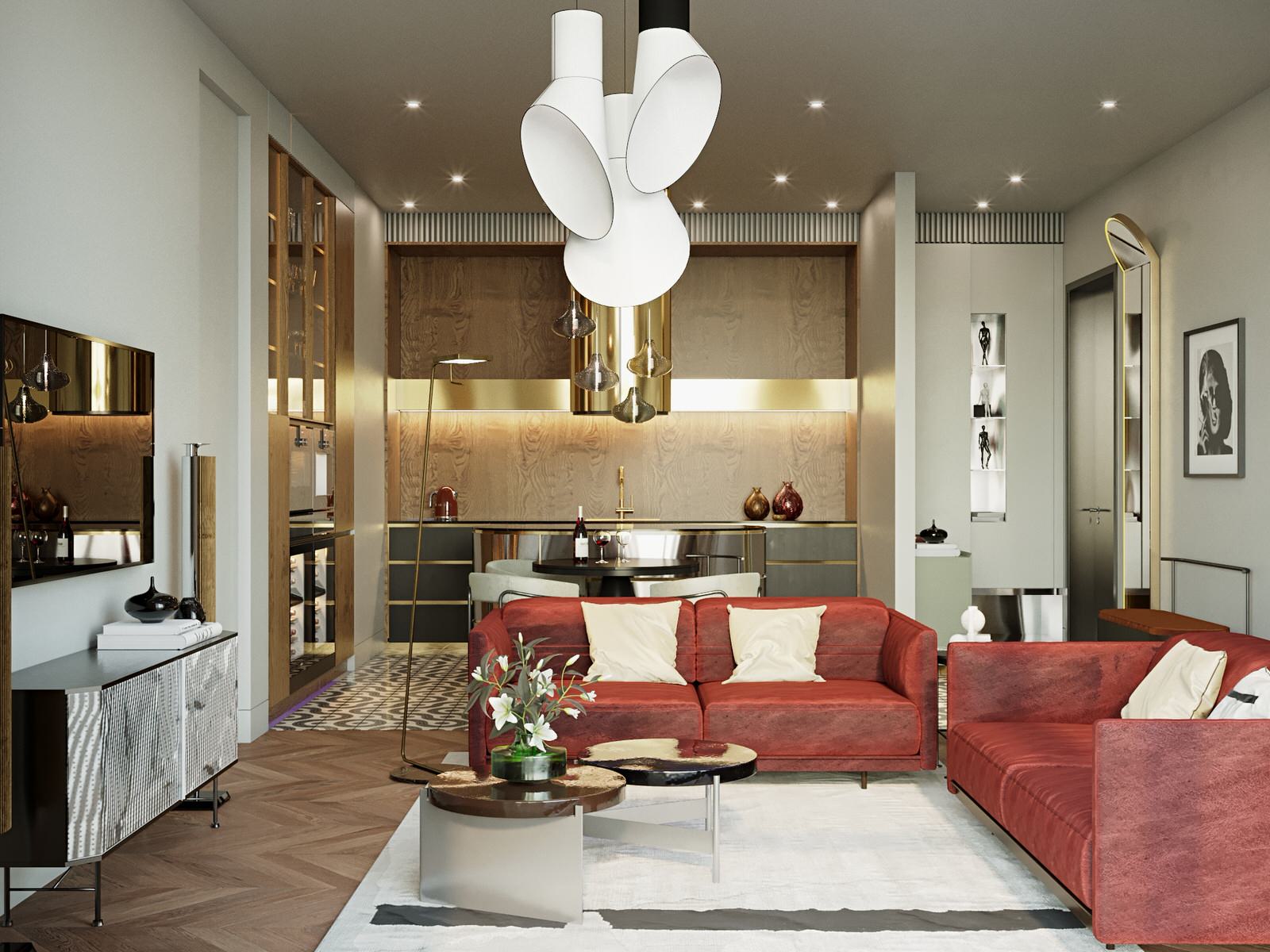 Гостиная и кухня-столовая. Квартира в ЖК «Малая Ордынка, 19»