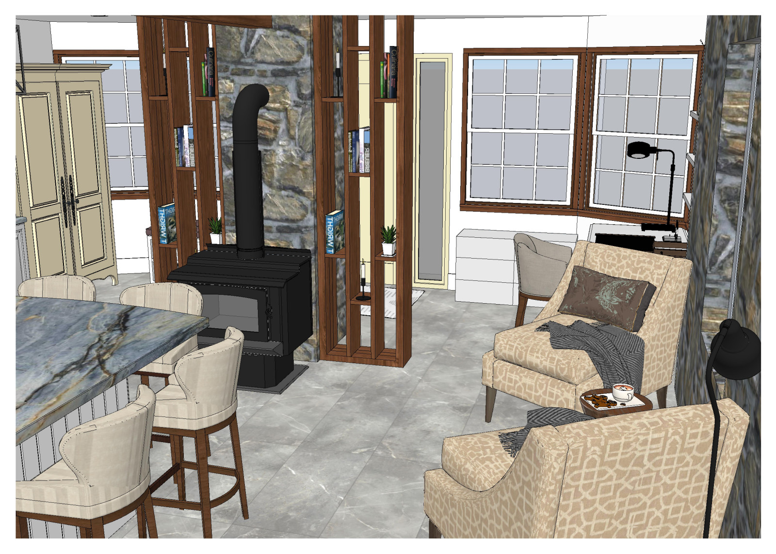 Кухня с большим островом в частном доме в США