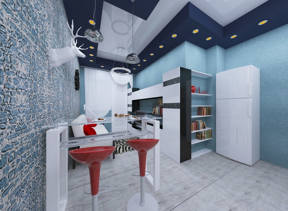 Дизайн кухни-гостиной в голубом цвете