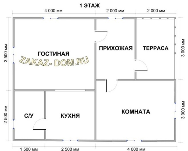Одноэтажный Дом из бруса (6х8 м) - Проект № Д-28