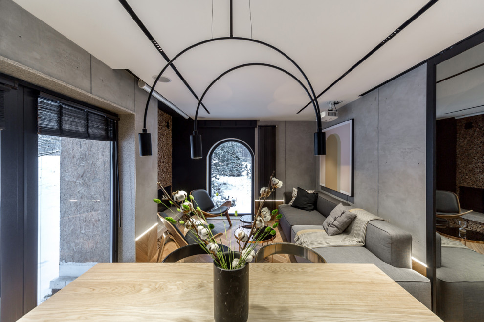 Глянцевая кухня с бетонной стеной