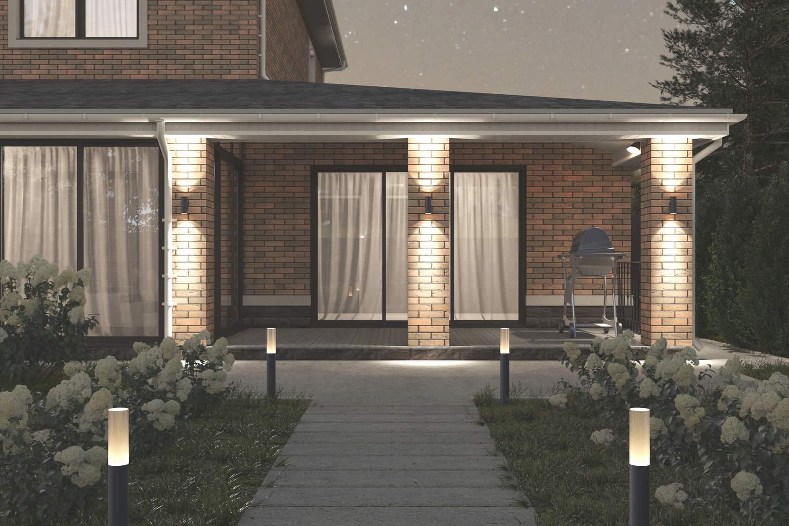 Реновация коттеджа (фасады, пристрой гаража и сауны с верандой, наружный свет)