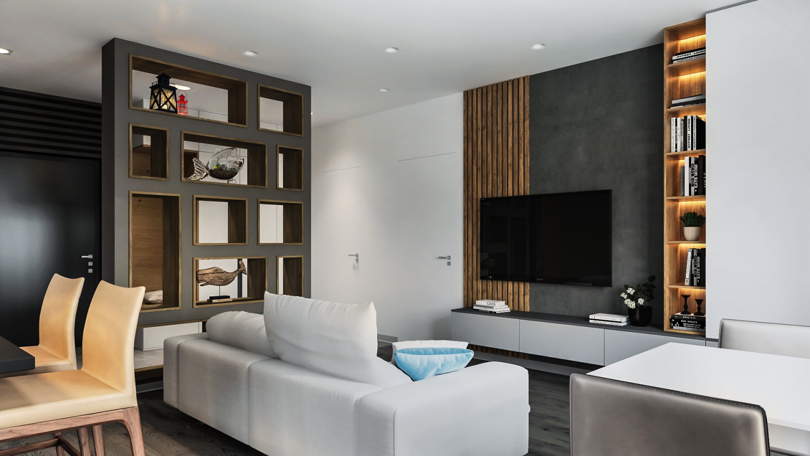 Проект современного интерьера кухни-гостиной в квартире (ЖК «Маяковский» Москва)