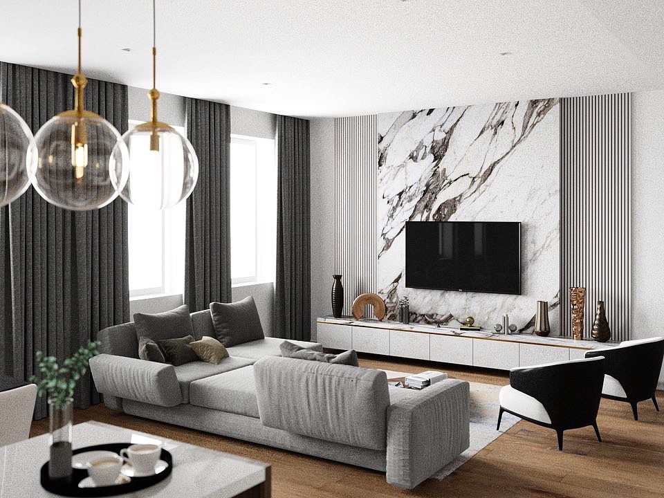 Современная гостиная совместно с кухней и столовой зоной