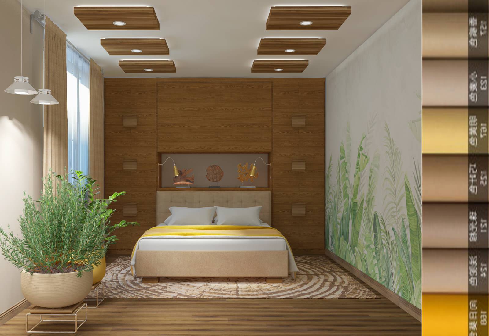 Хай тек в санузлах с плиткой Атем и экостиль с 3 Д панелью в спальне