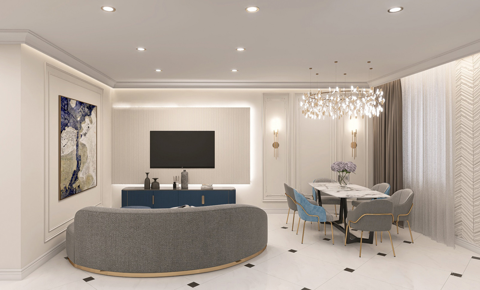 Кухня-гостиная с шиком современной классики