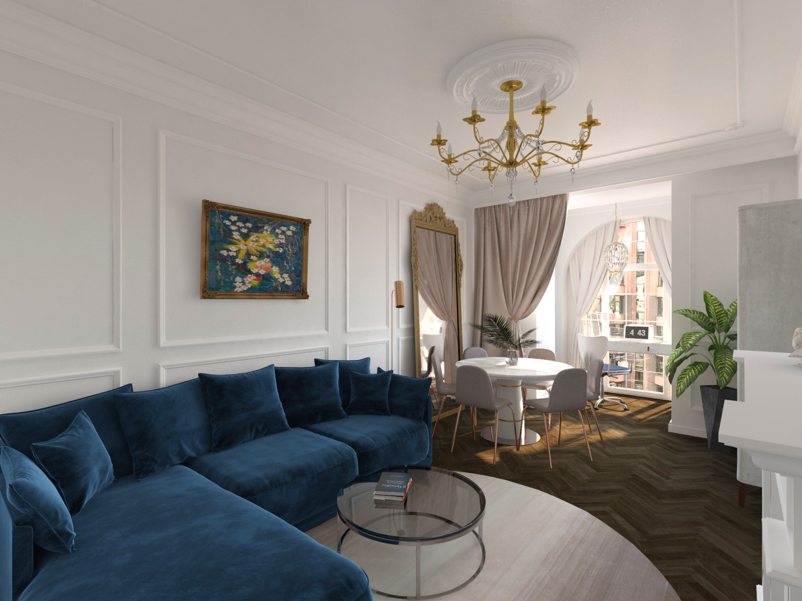 гостиная с синим диваном