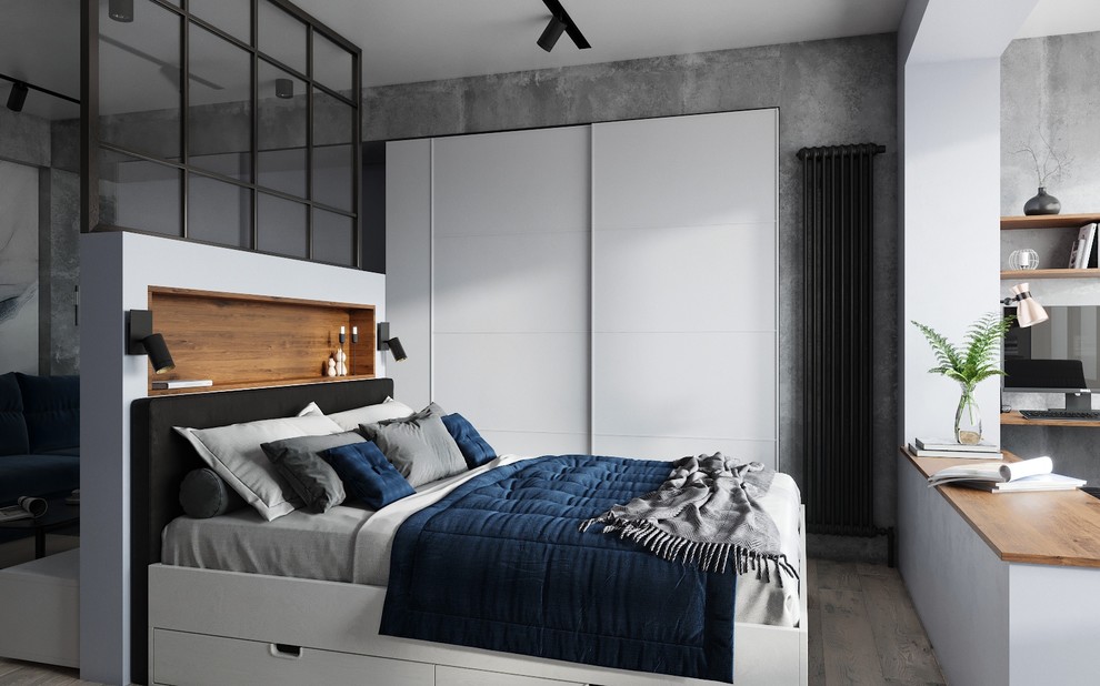 Зона спальни с вертикальными радиаторами смотрится эффектно.