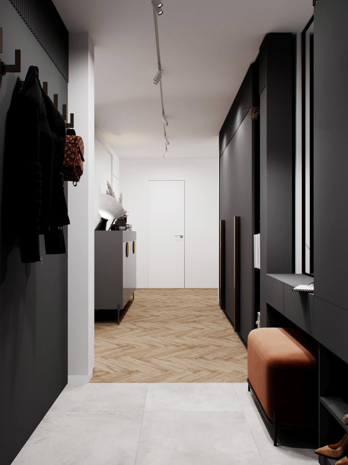 Cовременная квартира, дизайн интерьера в светло-темных тонах в ЖК "Георг Ландрин