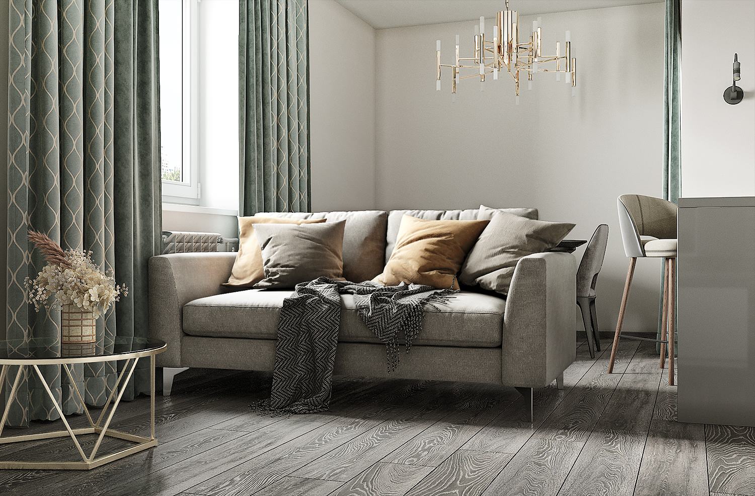 Кухня-гостиная. Вариант в холодных тонах.