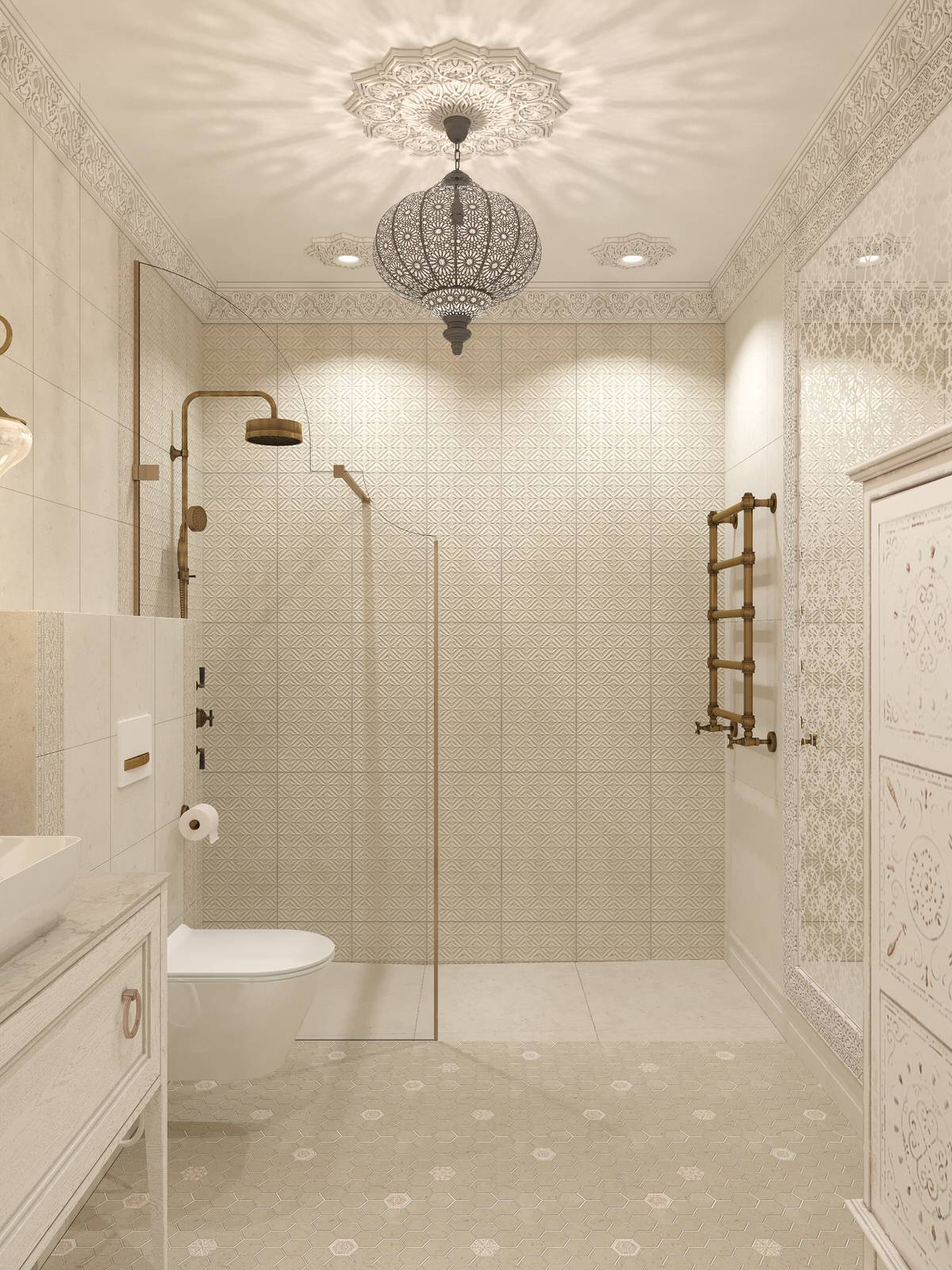 Интерьер санузла в цокольном этаже загородного дома в Восточном стиле